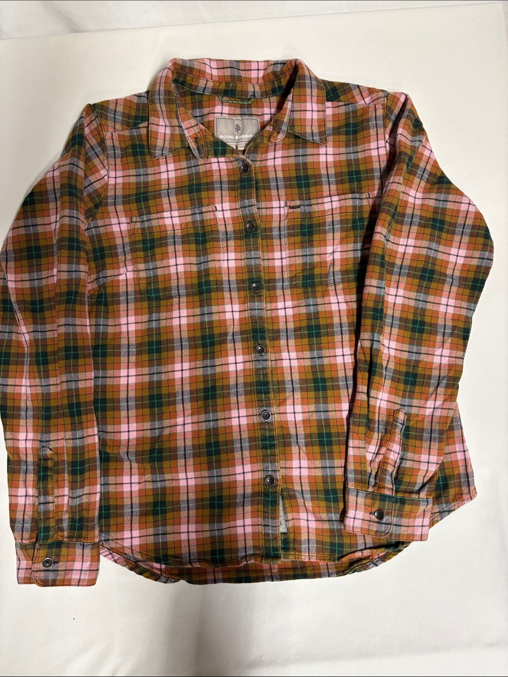 Royal Robbins Lieback Women’s Small Organic Cotton Flannel Plaid Shirt Pink Gree